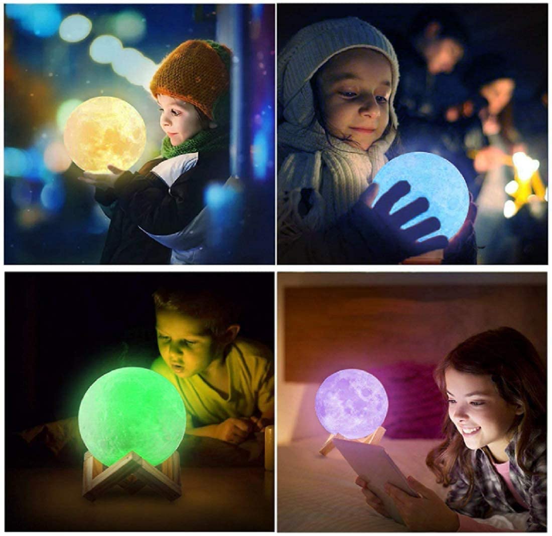 3D 7-Color Changeable Moon Lamp with Wooden Stand (15cm)
