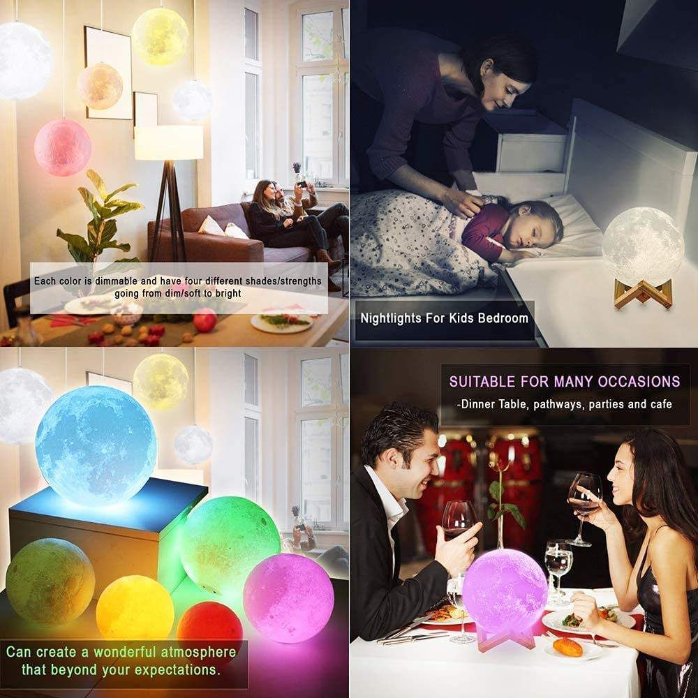 3D 7-Color Changeable Moon Lamp with Wooden Stand (15cm)