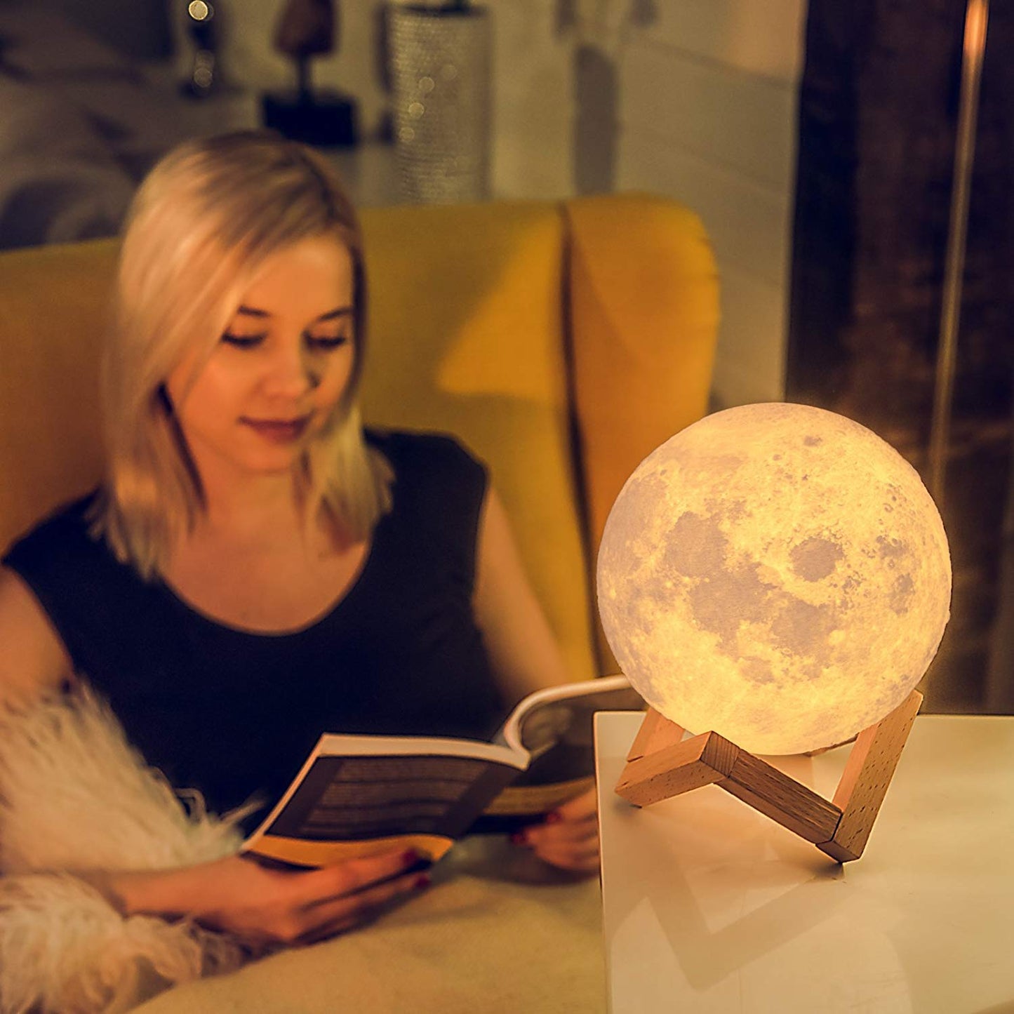 3D 7-Color Changeable Moon Lamp with Wooden Stand (15cm)